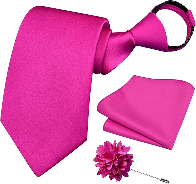 Branduce 3.15"（8cm） Pre-tied Adjustable Zipper Tie and Lapel Pin Solid Necktie Handkerchief Set for Men