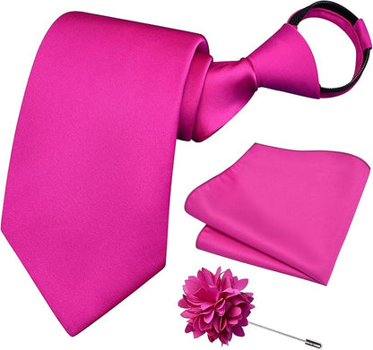 Branduce 3.15"（8cm） Pre-tied Adjustable Zipper Tie and Lapel Pin Solid Necktie Handkerchief Set for Men