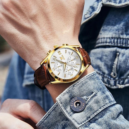 OLEVS Men's Chronograph Leather Watch, Big Face Easy to Read Analog Quartz Dress Watch, Casual Waterproof Luminous Hands Date Watches for Men, White/Blue/Black/Gold Dial
