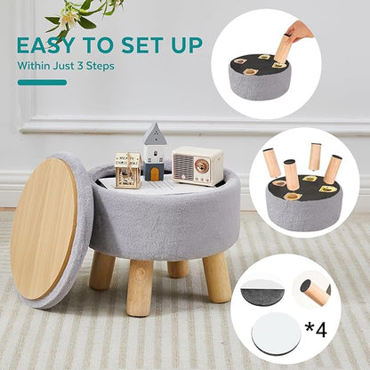 Small Foot Stool Ottoman with Storage, Faux Fur Ottoman Foot Rest for Couch, Round Footstool with Storage, Small Ottomans and Footstools for Living Room and Entryway (Gray)