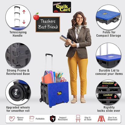 dbest products Quik Cart Collapsible Rolling Crate on Wheels for Teachers Tote Basket, 80 lbs Capacity, Blue Lid Made from Heavy Duty Plastic and used as a Seat