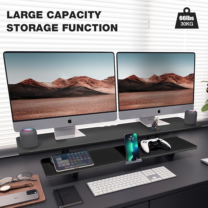 Dual Monitor Stand, 2-Tier Wood Monitor Riser with Storage Organizer and Cable Management, Black