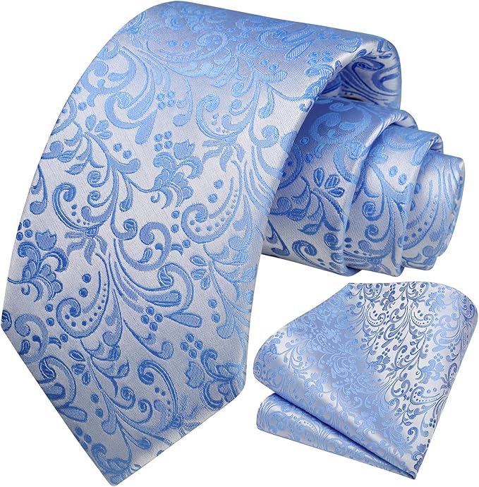 HISDERN Men Floral Ties Woven Classic 3.4" Necktie Set Formal Tie Pocket Square for Wedding with Handkerchief Gift Box
