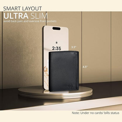 Real Leather Mens Trifold Wallet RFID Blocking Slim Minimalist Front Pocket - Thin & Stylish with ID Window in Gift Box