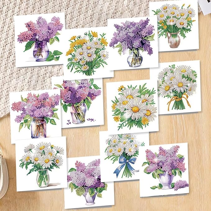 jinglinhh 12pcs Diamond Art Painting Lavender Daisy Flower Bouquet Greeting Cards with Envelopes, DIY Card Making Kits for Adults, Diamond Art Postcards Christmas Cards Craft Gifts