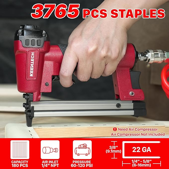 KEENTECH Pneumatic Staple Gun 22 Gauge, Air Upholstery Stapler with 3765pcs 3/8" Crown Staples 1/4"-5/8", Ready-to-Use Air Staple Gun with Staples, Safety Trigger, for Wood Furniture Fabric Leather