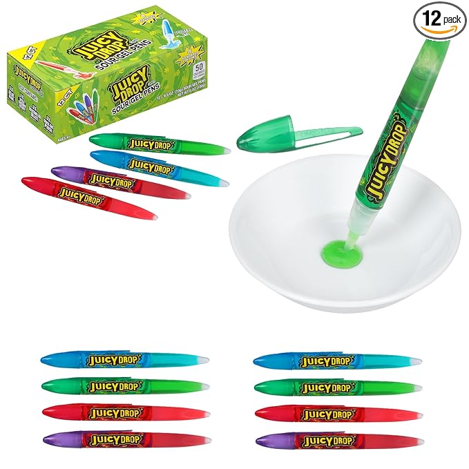 Juicy Drop Sour Candy Gel Pen, 12 Ct in Assorted Fruity Flavors, Full Size, Sour Christmas Candy Variety Pack for Stockings, Party Favors, Birthday Parties, Goodie Bags, Gifts for Kids