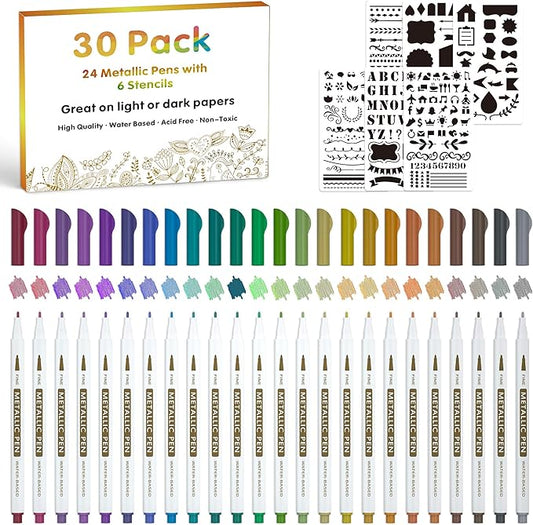 30 Pack Metallic Marker Pens, Lineon 24 Colors Fine Tip Paint Pens with 6 Stencils for DIY Craft Photo Album Rock Art Painting Card Making Glass Wood