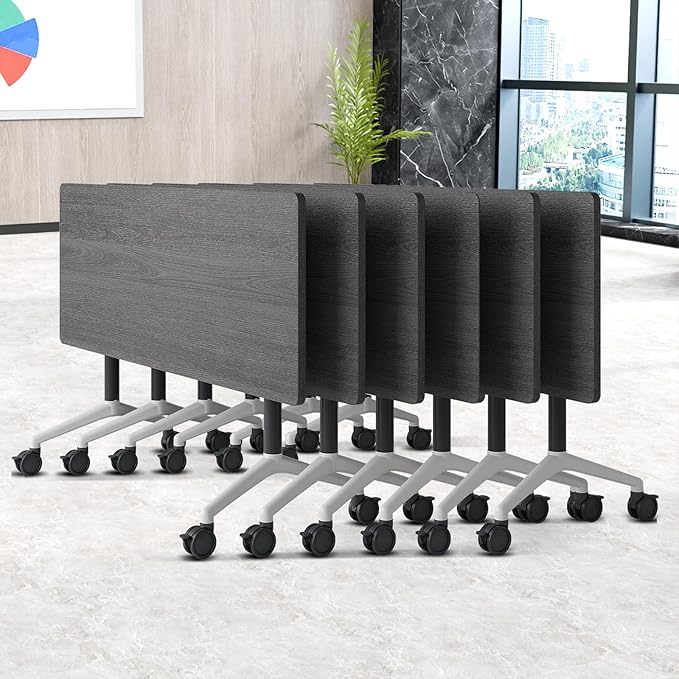Folding Conference Table, Conference Room Tables Foldable Large Meeting Seminar Table on Wheels,Flip Top Boardroom Training Tables for Office, Classroom,Meeting (6, Grey, 70.8)