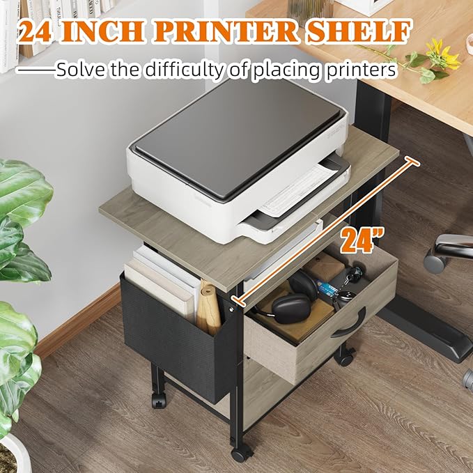 GYIIYUO 2 Drawer File Cabinet with 24'' Extended Desktop, Mobile Filing Cabinet, Rolling File Cabinet with Side Bag, Fabric Drawer, Fits A4 Size, Home Office, Oak Grey