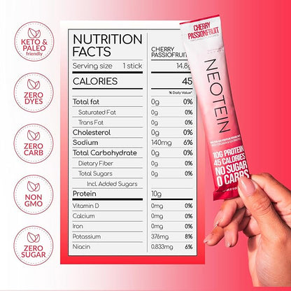 NEOTEIN: Electrolyte Powder Packets, Protein Powder with 10g Protein & Collagen | Hydration Packets - Zero Sugar, NO Fillers, NO Carbs | Cherry Passionfruit | 45 Calories | Keto & Paleo | Pack of 15
