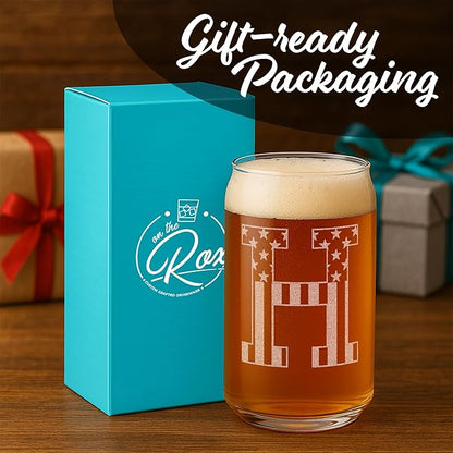 Monogram Beer Glasses for Men (A-Z) 16 oz - Beer Gifts for Men Brother Son Dad Neighbor - Unique Gifts for Him - Personalized Drinking Gift Beer Glass Mugs - Engraved Beer Can Glass (H)