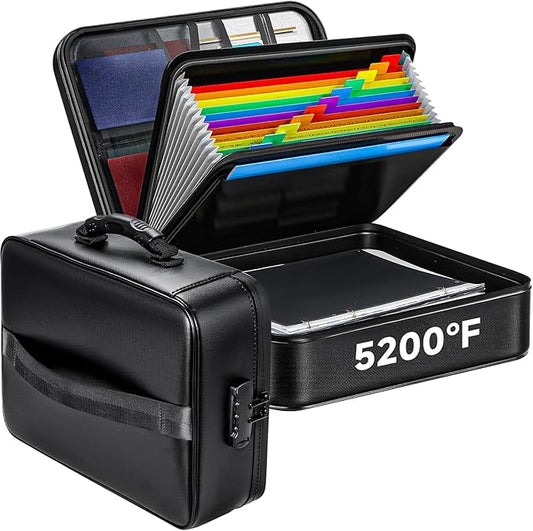 Fireproof Document File Organizer Bag, 5200°F Portable File Organizer with Lock, 16 Layer File Box Waterproof and Heat Insulated Safe Storage for Important Documents, Laptop, and Files and More