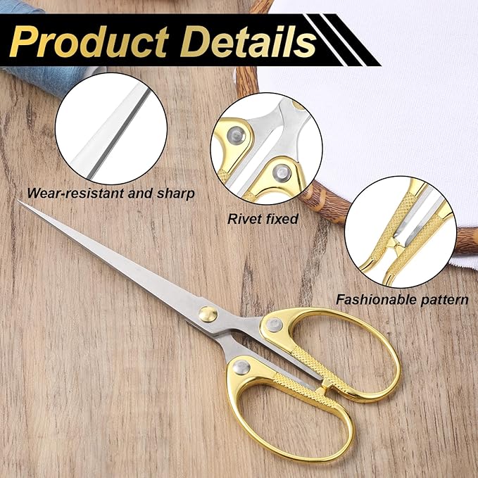 6.2 Inch Stainless Steel Office Scissors Sturdy Sharp Scissor Comfort Ambidextrous Grip for Sewing Fabric Craft Office Home Supplies Multipurpose Scissors (Gold)