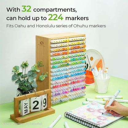 Ohuhu Bamboo Marker Organizer, Desktop Storage Hold 224 Markers for Honolulu Oahu Series of Ohuhu Markers, Pens Pencils Stationary Organizer Holder with 32 Compartments for Classroom Office Decor