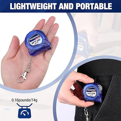 WORKPRO Mini Tape Measure, 2 Pcs 6FT Retractable Easy Reading Keychain Tape Measurement, Inch/Metric Scale Pocket Size Small Tape Measure for Engineer, Portable, ABS Protective Casing, Blue