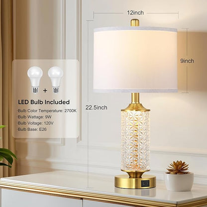 QiMH Set of 2 Table Lamps with USB A+C Ports, Modern Bedside Lamp with LED Night Light, Bedside Lamp for Bedroom, Nightstand Lamps for Living Room Office (Gold)(2 Bulbs Include)