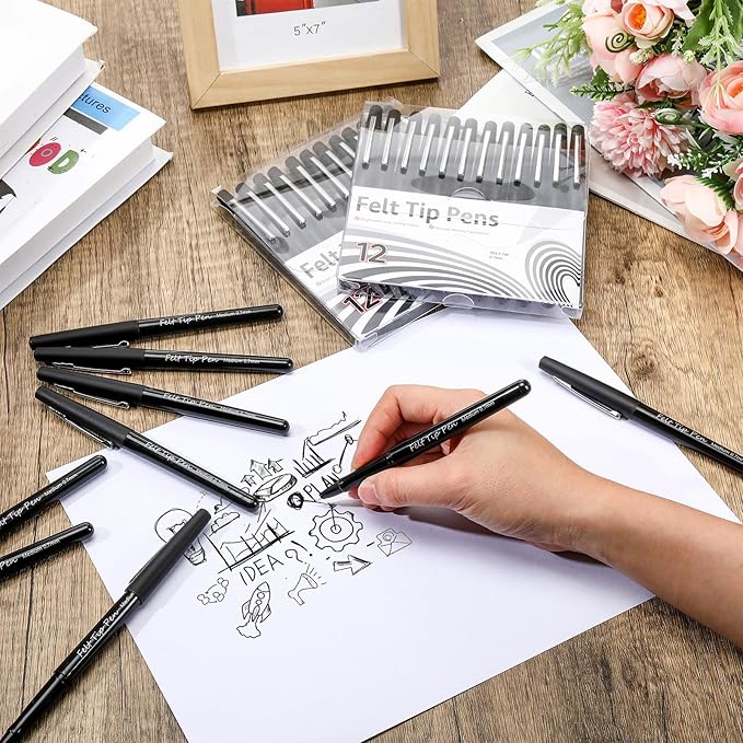 96 Pcs Black Felt Tip Pens 0.7mm Medium Point Pens Bulk, Felt Tip Markers for Journaling, Writing, Note Taking, Planner, Ideal for Office School Art Supplies Gift