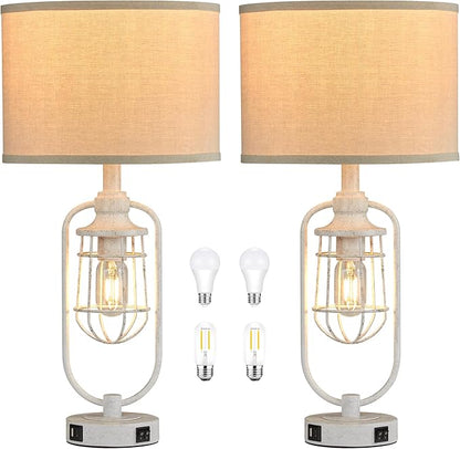Farmhouse Table Lamps for Living Room Set of 2, Lamps for Night Stands Set of 2, Industrial Bedside Lamps for Bedroom Nightstand with USB A+C, Bulbs Included