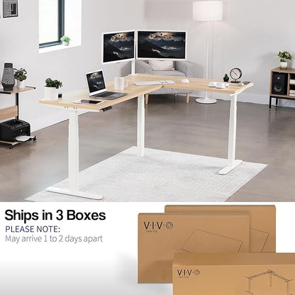 VIVO Electric 78 x 55 inch Square Corner Memory L Shaped Stand Up Desk, Light Wood Table Top, White Frame, Corner Height Adjustable Workstation, 3E-S Series, DESK-KIT-3E5SWC