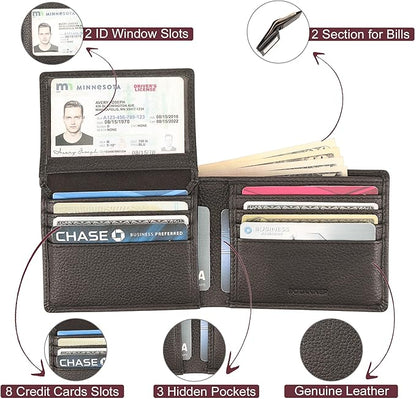 Genuine Leather Men's Flip ID Wallet RFID Blocking with 8 Credit Card Slots 2 ID Windows 3 Hidden Pockets 2 Sections for Notes | Pebble Black