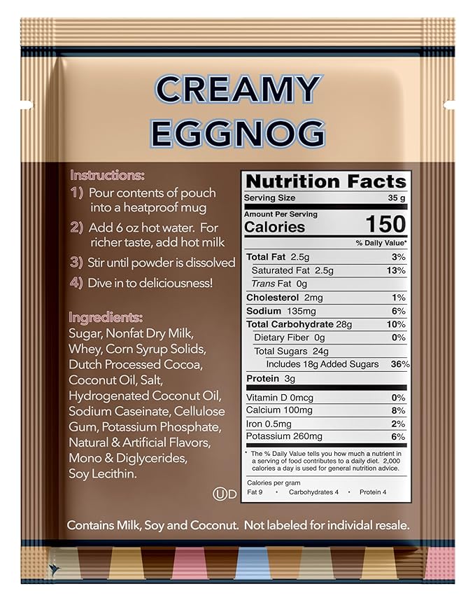 Double Donut Coffee Creamy Eggnog Hot Chocolate Mix Packets, Flavored Eggnog Hot Cocoa Mix, 32 Count