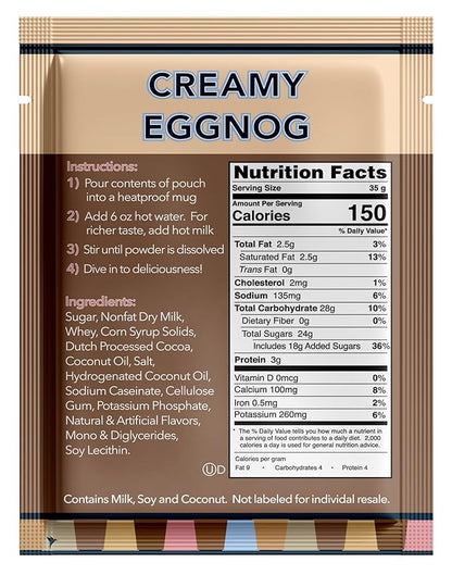 Double Donut Coffee Creamy Eggnog Hot Chocolate Mix Packets, Flavored Eggnog Hot Cocoa Mix, 32 Count