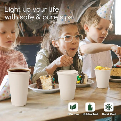 12 oz Coffee Cups Disposable White Paper Cups, 100 Pack BPA Free Leak Proof Hot Cups, 300GSM Thickened Disposable Cups,Unbleached Hot Cold Drink Cups for Everyday Home Office Coffee Bar Party Supplies