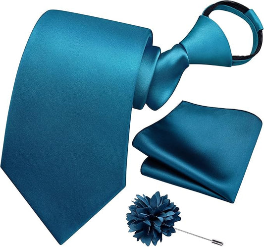 Branduce 3.15"（8cm） Pre-tied Adjustable Zipper Tie and Lapel Pin Solid Necktie Handkerchief Set for Men