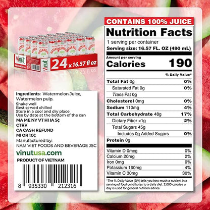 Vinut Natural Watermelon Juice Drink with Pulp, (16.57 fl oz, Pack of 24) Real Watermelon Juice, No Sugar Added, Gluten Free, GMO-Free