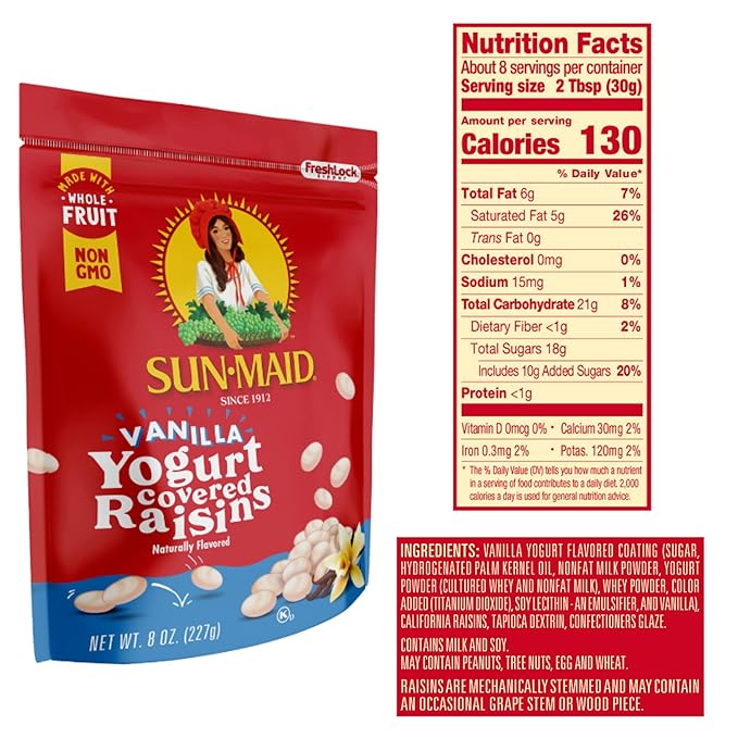 Sun-Maid Vanilla Yogurt Coated Raisins - (12 Pack) 8 oz Resealable Bag - Yogurt Covered Dried Fruit Snack for Lunches and Snacks