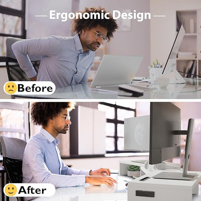 BONTEC Dual Monitor Stand for Desk, Adjustable Length and Angle Monitor Stand Riser with Smartphone Holder, Desk Shelf for Top of Desk, Computer Monitor Stand with Storage, Office Desk Organizer, White