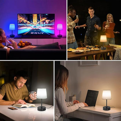 Ascher Small Bedside Table lamp, RGB Color Changing Lamps, 3 Color Temperatures, Dimmable Nightstand Lamp with USB C+A Ports, Touch Desk Lamp for Bedroom Living Room, H11.4in(Cream Shade)
