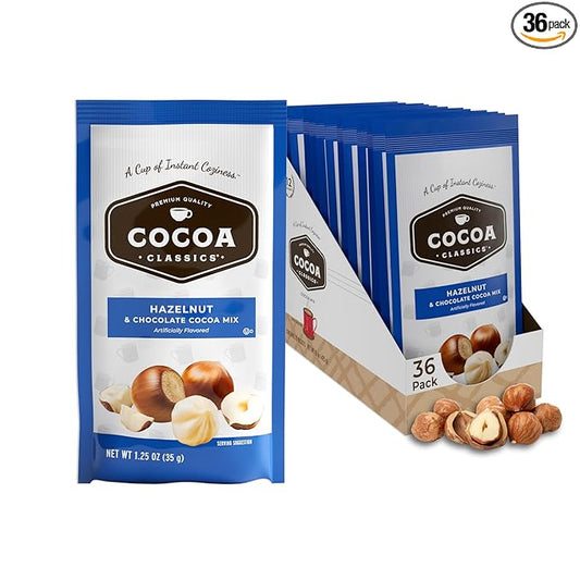 Cocoa Classics Hazelnut Cocoa Mix, Hot Chocolate, Made with Nonfat Milk, Just Add Hot Water, Make Hot or Iced Cocoa, Gluten Free & Kosher Dairy Friendly, 1.25oz Packets (Pack of 36)