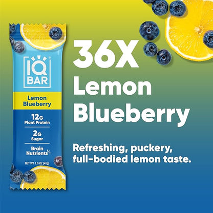 IQBAR Brain and Body Plant Protein Bars - Lemon Blueberry - 36-Count - Keto, Vegan, Low Carb, High Fiber, Gluten Free, Dairy Free, Low Sugar Snack with Nutrients for Focus, Energy, Meal Replacement