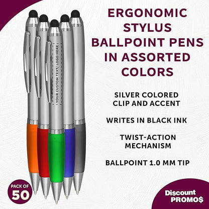 DISCOUNT PROMOS 50 Stylus Ballpoint Pens in Assorted Colors Pack - Customizable Text, Logo - Two in One, Ergonomic, Black Ink - Assorted