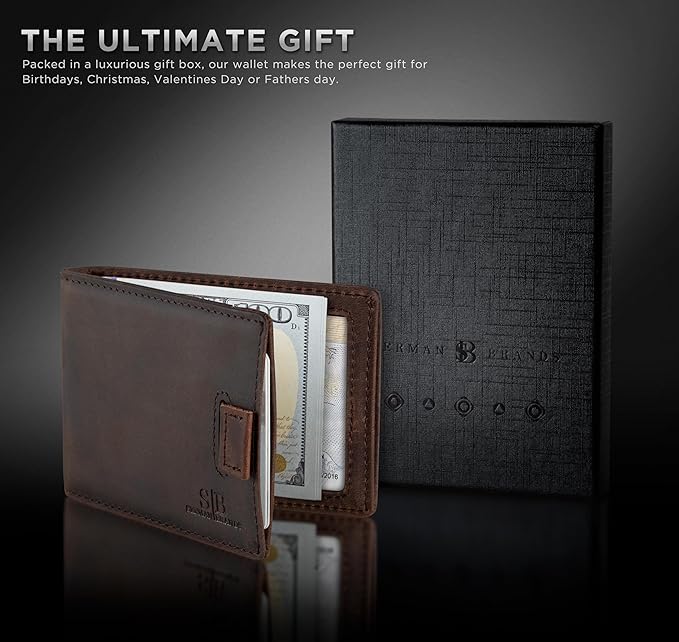 SERMAN BRANDS AirTag Wallet - RFID Blocking Mens Minimalist Money Clip Wallet for Airtag - Full Grain Leather - Slim Bifold. Front Pocket Air tag Wallets for men. Gift