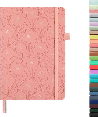 A5 Leather Hardcover, 160 Pages 100GSM Thick Dotted Paper, 3 Sheets of Stickers Included(Peach Pink)