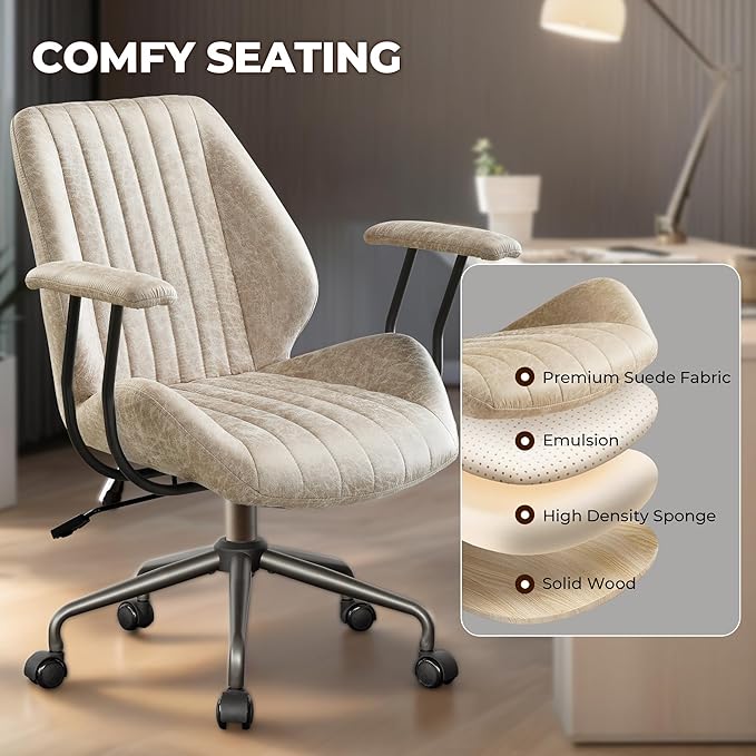 Home Office Desk Chair Adjustable Height, Ergonomic Executive Office Chair with Armrests, Rolling Comfy Desk Chair with Lumbar Support, Mid Century Modern, Beige