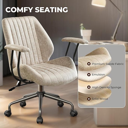 Home Office Desk Chair Adjustable Height, Ergonomic Executive Office Chair with Armrests, Rolling Comfy Desk Chair with Lumbar Support, Mid Century Modern, Beige
