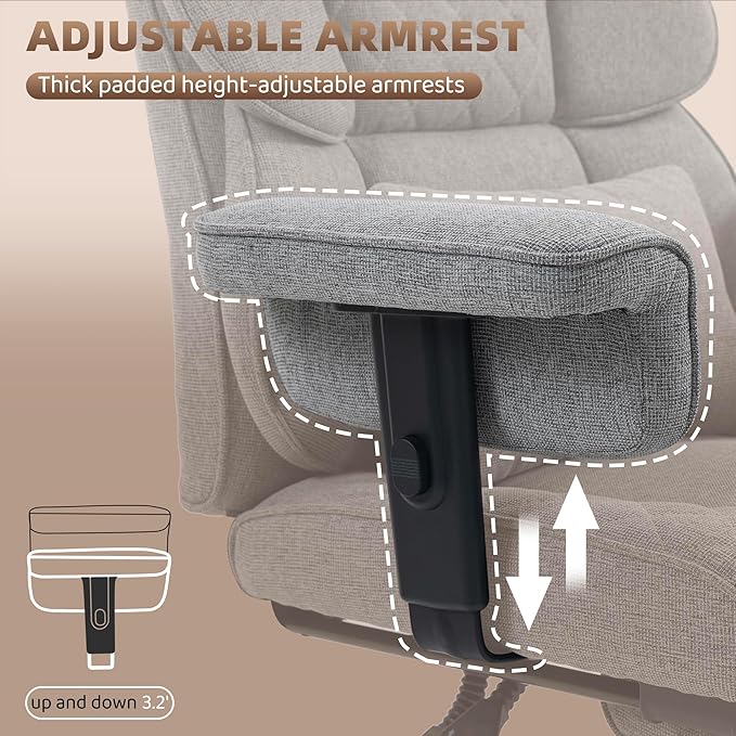 Vonesse Big and Tall Office Chair, Computer Chair with Soft Adjustable Armrests, Ergonomic Gaming Chair with Breathable Linen Design, Executive Chairs with Footrest (Linen Fabric, Dark Gray)