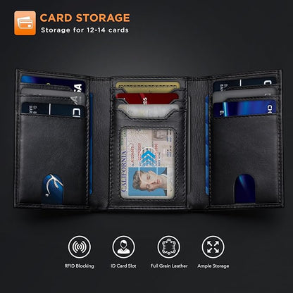 SERMAN BRANDS Trifold Wallet for Men - RFID Blocking Genuine Leather, 11 Card Slots & ID Window, Slim Everyday Carry, Durable Stitching, Gift for Him