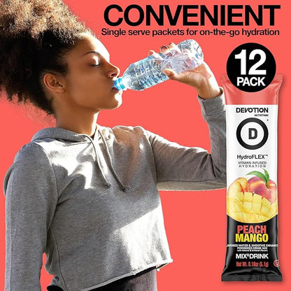Devotion Nutrition HydroFLEX Water Flavoring Packets – Sugar-Free Hydration with Vitamins & Electrolytes – Dye-Free, Gluten-Free (Peach Mango) 12-Pack Drink Mix