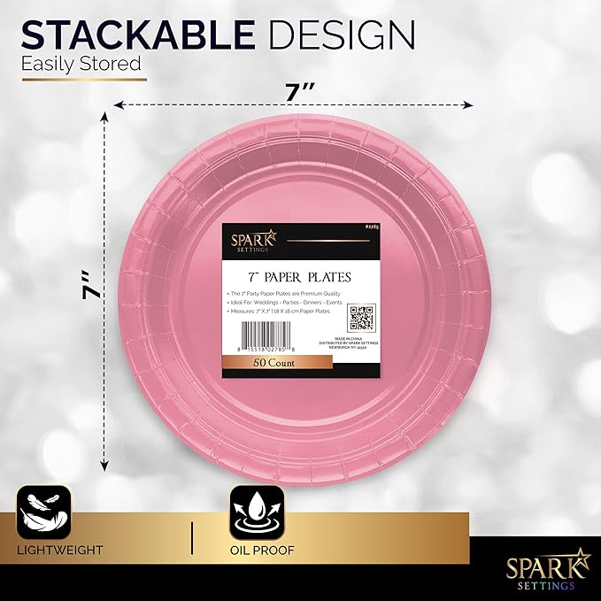 Disposable Paper Plates Pink, 6 3/4 Inches Paper Dessert Plates, Strong and Sturdy Disposable Plates for Party, Dinner, Holiday, Picnic, or Travel Party Plates, Pack of 50