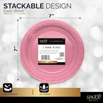 Disposable Paper Plates Pink, 6 3/4 Inches Paper Dessert Plates, Strong and Sturdy Disposable Plates for Party, Dinner, Holiday, Picnic, or Travel Party Plates, Pack of 50