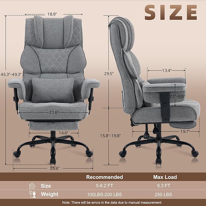 Vonesse Big and Tall Office Chair, Computer Chair with Soft Adjustable Armrests, Ergonomic Gaming Chair with Breathable Linen Design, Executive Chairs with Footrest (Linen Fabric, Dark Gray)