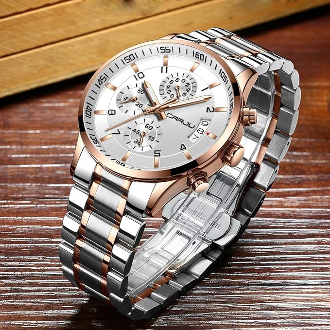 CRRJU Men's Fashion Stainless Steel Watches Date Waterproof Chronograph Wristwatches,Black Steel Band Waterproof Quartz Watch for Men
