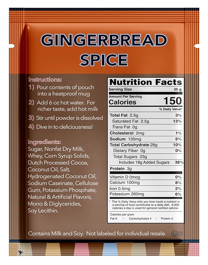 Double Donut Coffee Gingerbread Spice Hot Chocolate Mix Packets, Flavored Gingerbread Hot Cocoa Mix, 32 Count