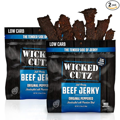 Wicked Cutz Original Peppered Beef Jerky, 36g Protein Per Bag, Tender & Easy to Chew Alternative to Beef Sticks, USA Made High Protein Carnivore Snacks (2 Bags)