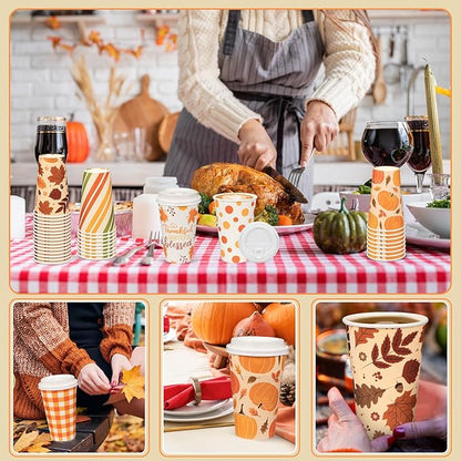 Umigy 60 Pack Fall Paper Coffee Cups 16 oz Thanksgiving Paper Hot Cup Disposable with Lids and Stirrers Beverage Drinking Cup with 6 Designs for Juice Water Coffee Tea for Home Shops